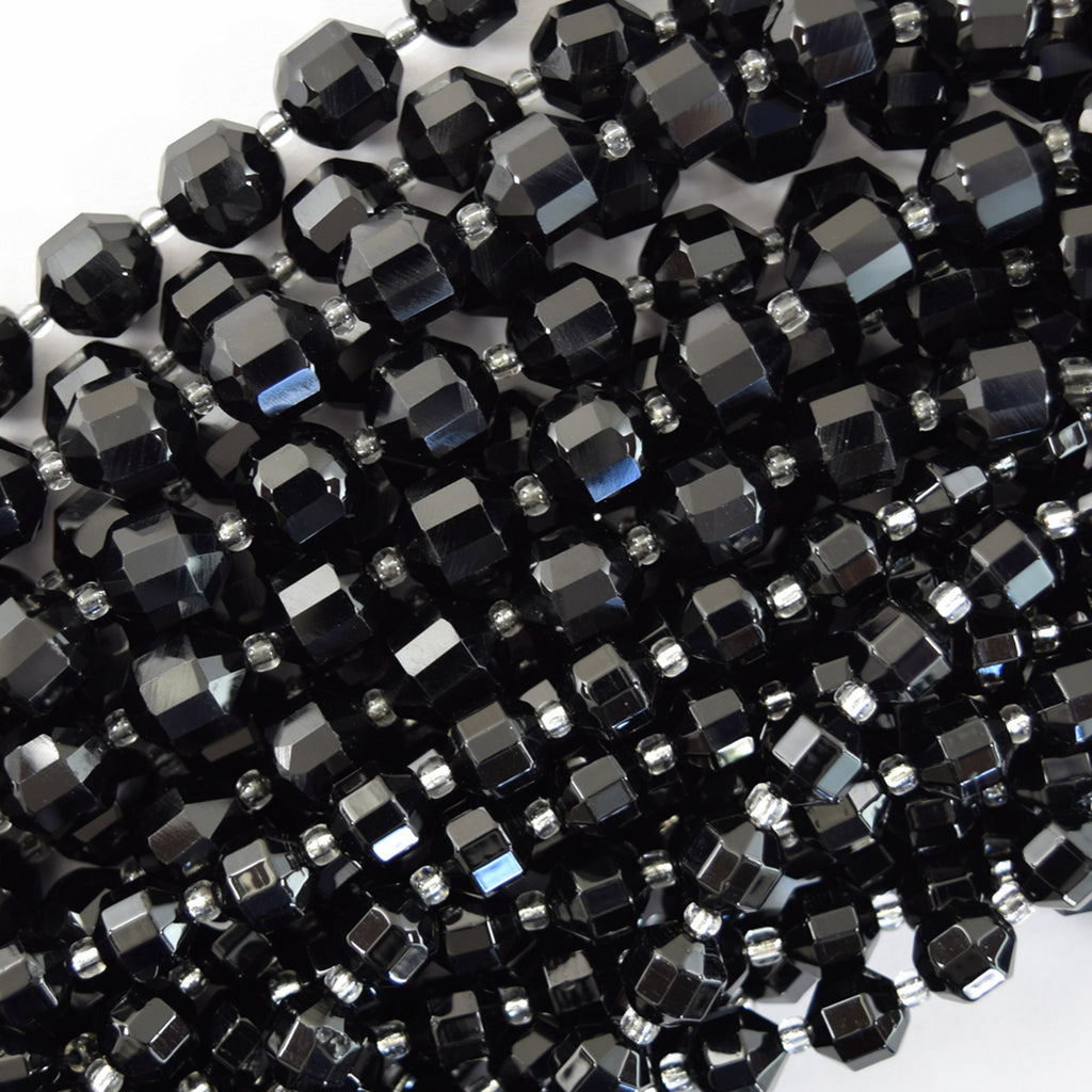 AA Black Onyx Prism Double Point Cut Faceted Beads 15.5" Strand 8mm 10mm