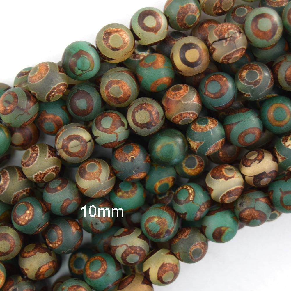 Matte Green Brown Tibetan DZI Agate Round Beads 15" 6mm 8mm 10mm Evil Eye