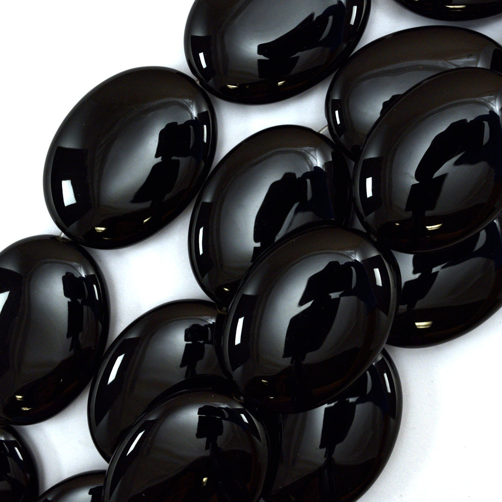 AA Black Onyx Flat Oval Beads Gemstone 15.5" Strand 14mm 18mm 20mm