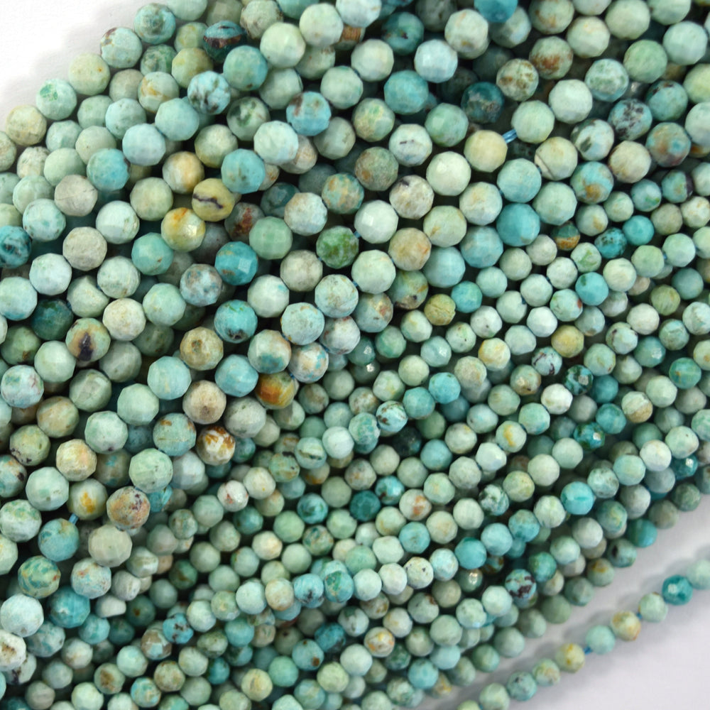 Natural Faceted Peruvian Turquoise Round Beads Gemstone 15.5" Strand 3mm 4mm