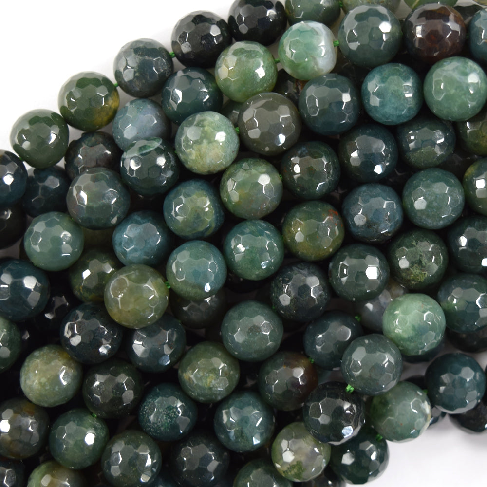 Natural Faceted Green Moss Agate Round Beads Gemstone 14.5" Strand 6mm 8mm 10mm