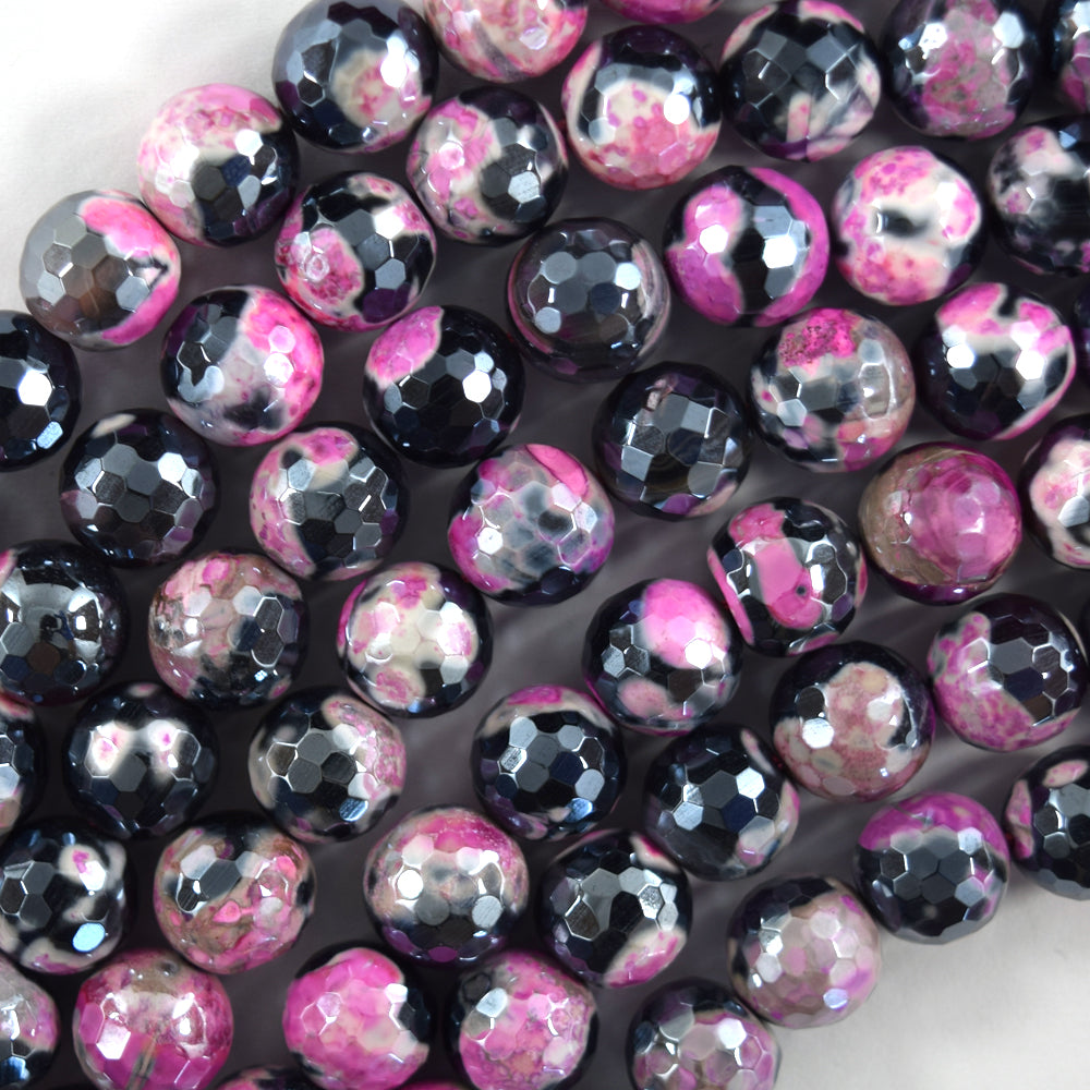 Mystic Titanium Faceted Magenta Black Agate Round Beads 15" Strand 8mm 10mm