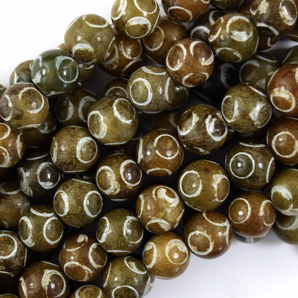 Natural Brown Jade Carved Round Beads Gemstone 15" Strand 8mm 10mm
