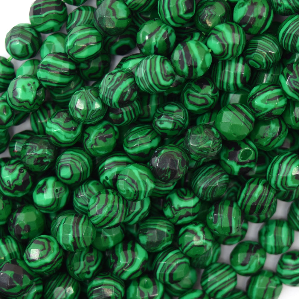 Faceted Synthetic Green Malachite Round Beads 15" Strand 6mm 8mm 10mm 12mm