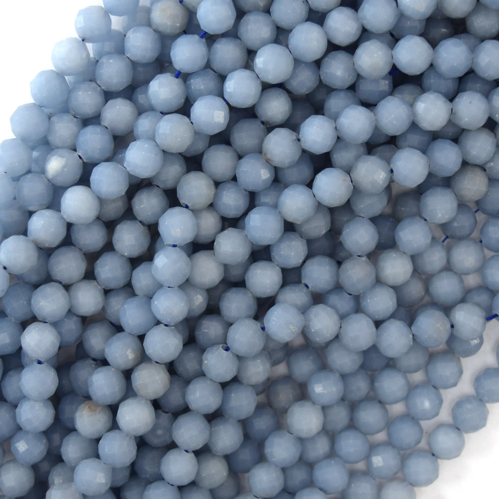 Natural Faceted Blue Angelite Round Beads Gemstone 15.5" Strand 3mm 4mm