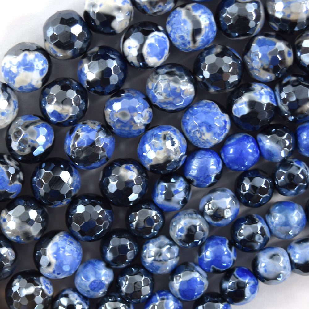 Mystic Titanium Faceted Blue Black Agate Round Beads 15" Strand 8mm 10mm