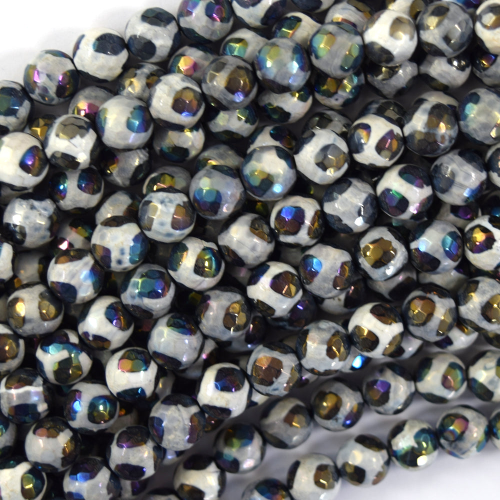 Mystic Titanium Faceted Black Tibetan Agate Round Beads 15"6m 8mm 10mm Football