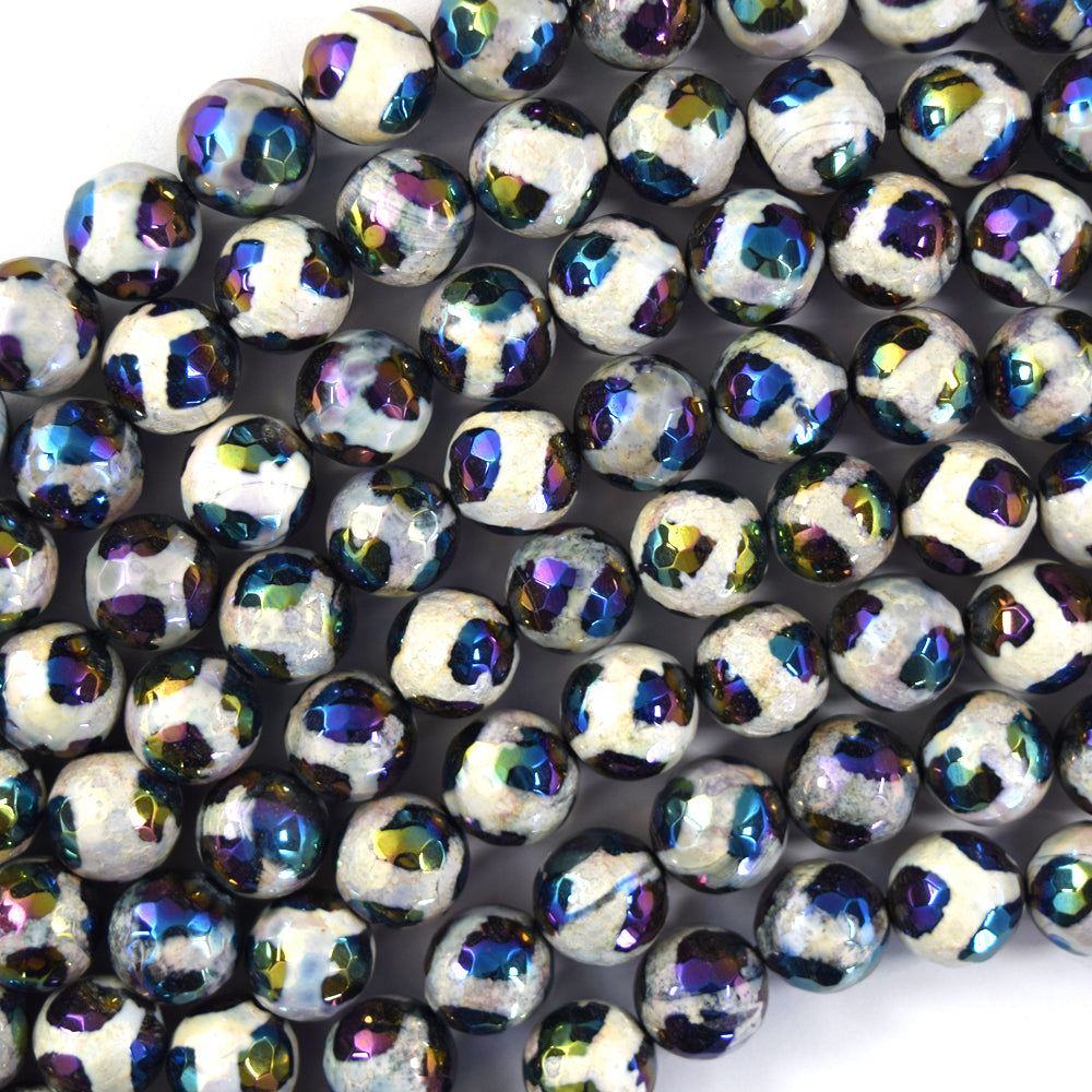 Mystic Titanium Faceted Black Tibetan Agate Round Beads 15"6m 8mm 10mm Football