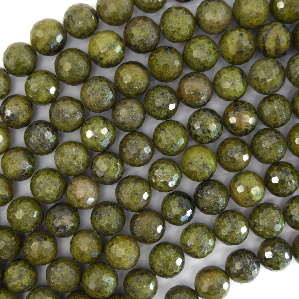 Natural Faceted Green Epidote Pyrite Inclusion Round Beads 15" 6mm 8mm 10mm 12mm