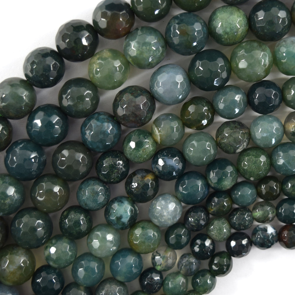 Natural Faceted Green Moss Agate Round Beads Gemstone 14.5" Strand 6mm 8mm 10mm