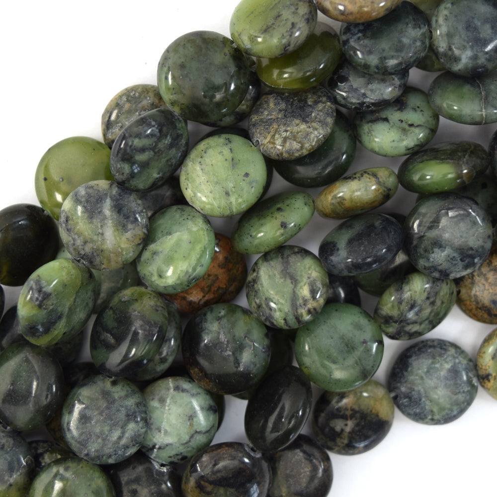 12mm natural green jasper coin beads 15" strand