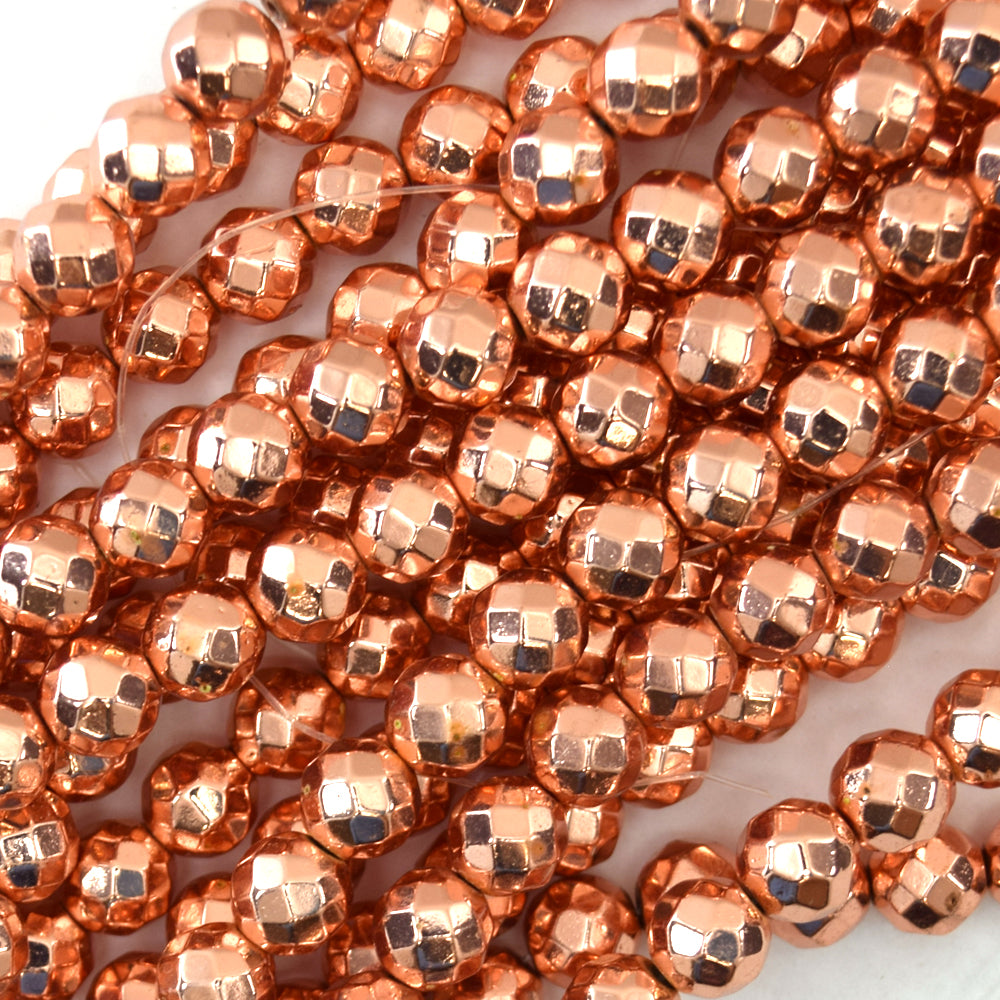 Faceted Rose Gold Hematite Round Beads Gemstone 15.5" Strand 4mm 6mm 8mm