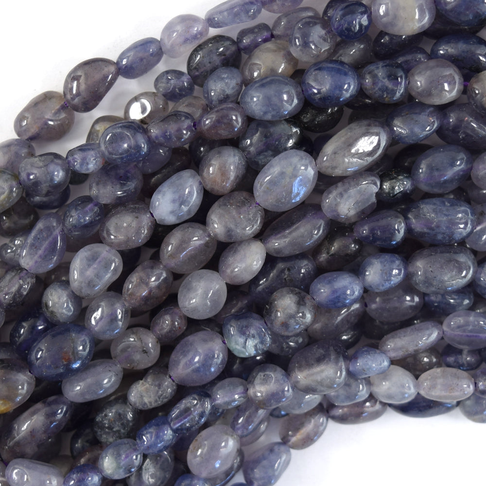 6mm - 8mm natural blue iolite pebble nugget beads 15.5" strand