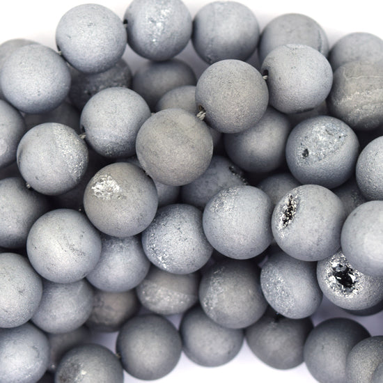 Matte Silver Druzy Agate Round Beads Gemstone 15" Strand 6mm 8mm 10mm 12mm
