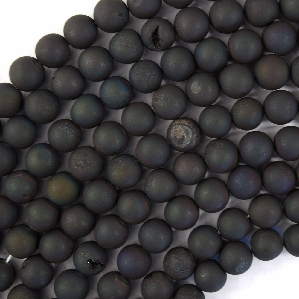 Matte Black Druzy Agate Round Gemstone Beads 15.5" Strand 6mm 8mm 10mm 12mm 14mm