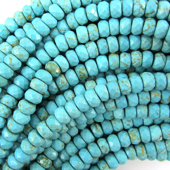 Natural Faceted Blue Turquoise Magnesite Beads, Dyed, Rondelle, about  6x8mm, 45 Beads, Length 15