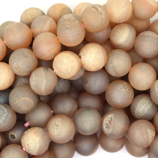 Matte Champagne Druzy Agate Round Beads 15.5" Strand 6mm 8mm 10mm 12mm 14mm