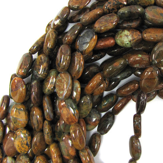 10mm brown green opal flat oval beads 16" strand
