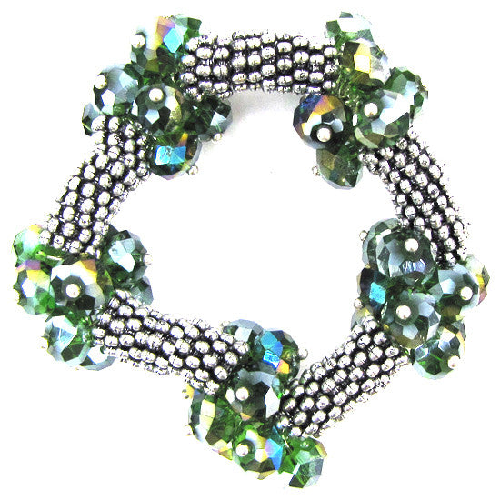 Crystal silver plated daisy stretch bracelet 7" green