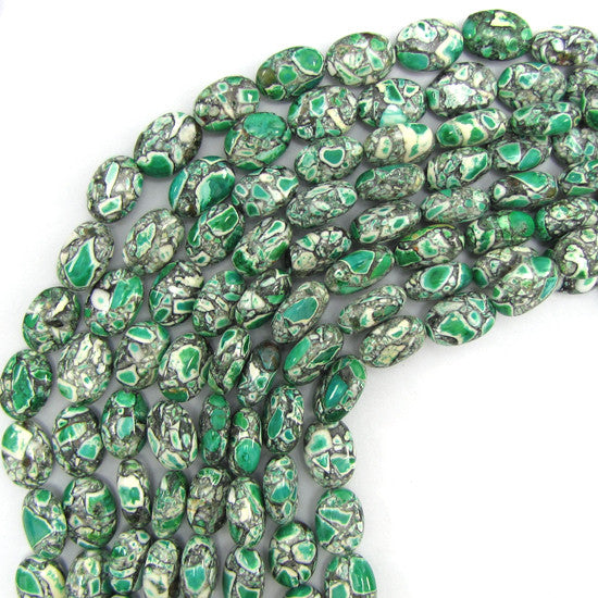 14mm green mosaic flower turquoise flat oval beads 16" strand
