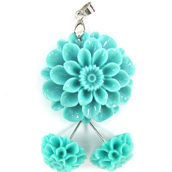 30mm synthetic coral carved chrysanthemum flower pendant earring pair blue