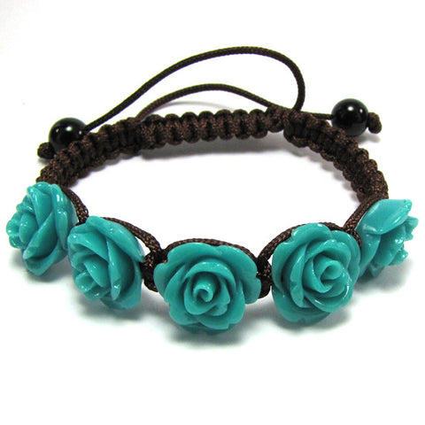 34mm braided adjustable synthetic coral carved rose flower bracelet 7" blue