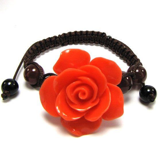 34mm braided adjustable synthetic coral carved rose flower bracelet pink
