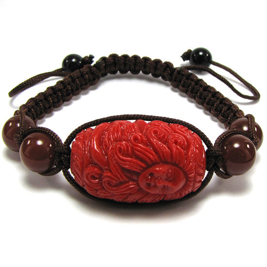 20mm braided adjustable synthetic coral carved barrel bracelet 7" red