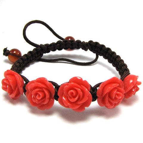 14mm braided adjustable synthetic coral carved rose flower bracelet 7" magenta