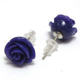 12mm synthetic coral carved rose flower earring pair purple