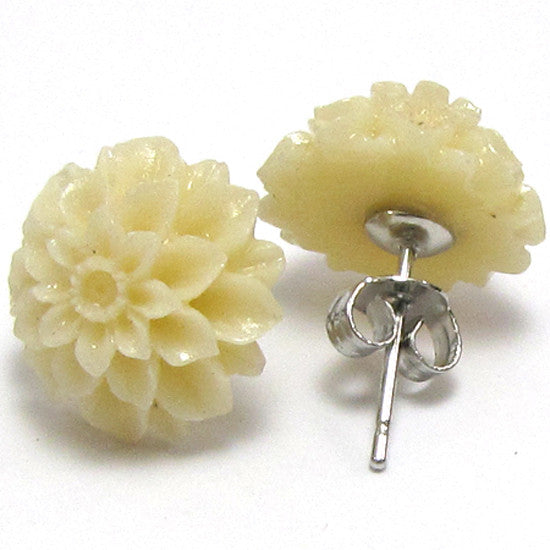 12mm synthetic coral carved chrysanthemum flower earring pair cream