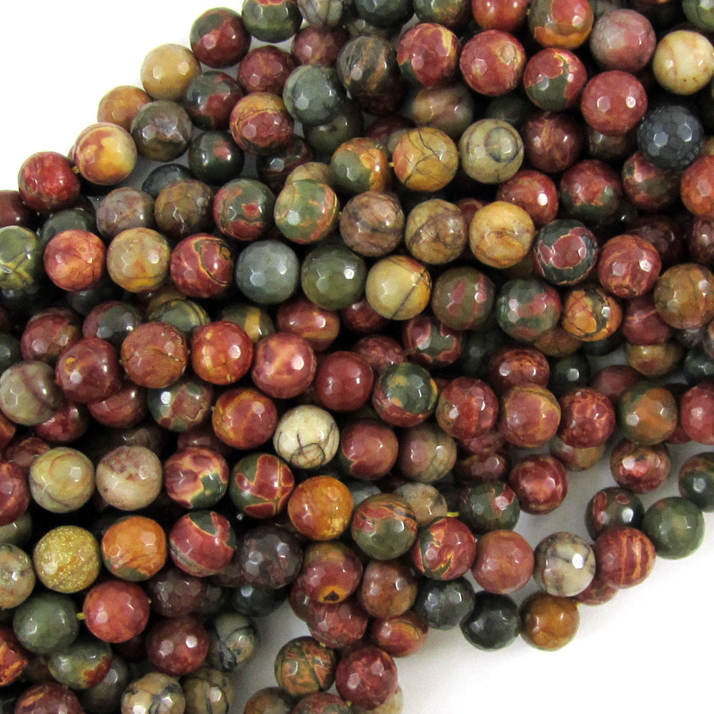 Natural Faceted Picasso Jasper Round Beads Gemstone 14.5" Strand 6mm 8mm 10mm