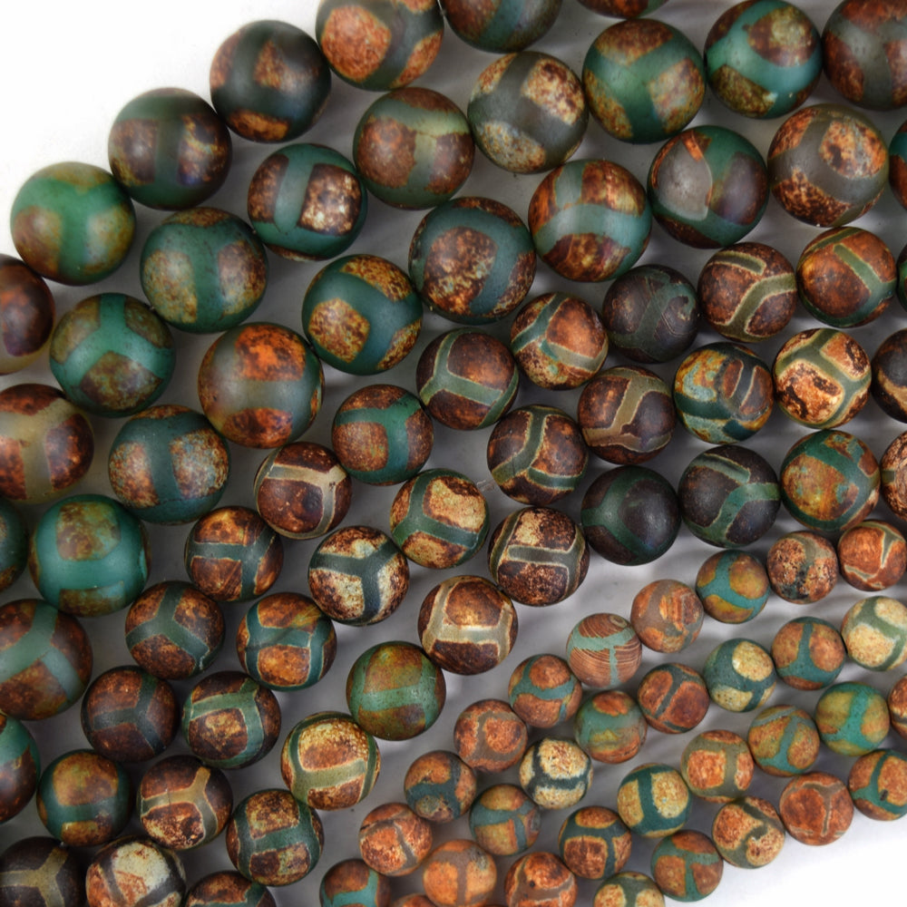 Matte Green Brown Tibetan DZI Agate Round Beads 15" Strand 6mm 8mm 10mm Football