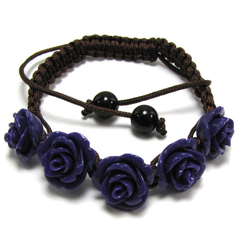 14mm braided adjustable synthetic coral carved rose flower bracelet 7" blue
