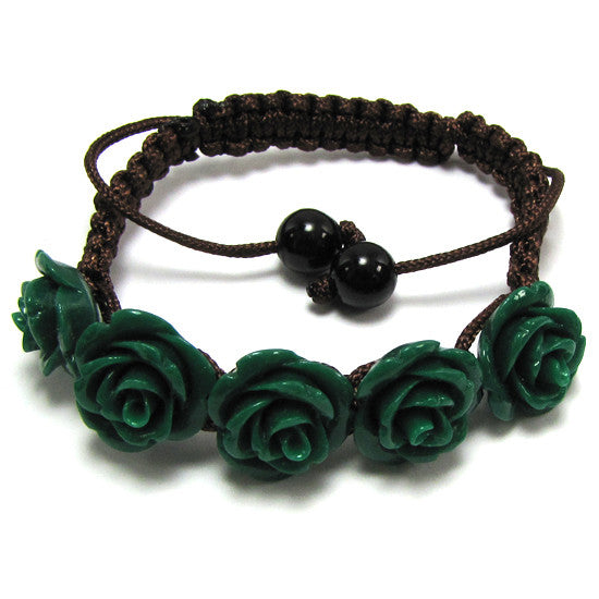 14mm braided adjustable synthetic coral carved rose flower bracelet 7" green