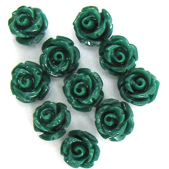 10 6mm synthetic coral carved rose flower pendant bead green