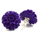 15mm synthetic coral carved chrysanthemum flower earring pair purple