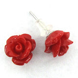 10mm synthetic coral carved rose flower earring pair red