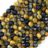 Gold Blue Tiger Eye Round Beads Gemstone 15.5