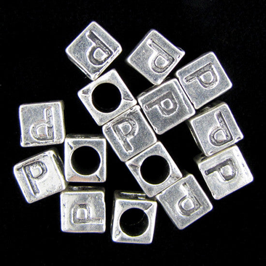 20 7mm pewter alphabet cube bead letter "P" findings