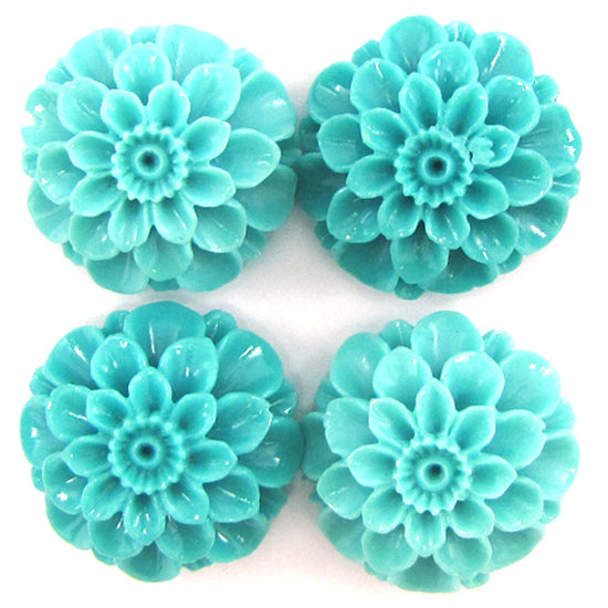 24mm synthetic coral carved chrysanthemum flower beads 15" strand 16 pcs blue