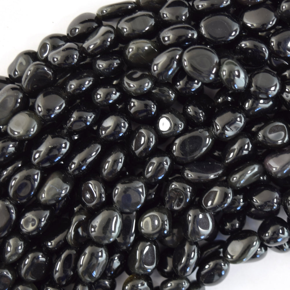 Natural Black Tourmaline Pebble Nugget Beads 15.5" Strand 6mm - 8mm, 8mm - 10mm