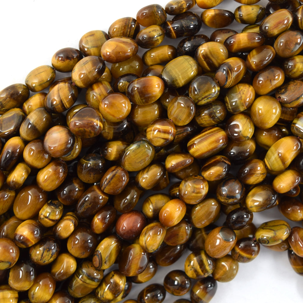 Natural Tiger Eye Pebble Nugget Beads Gemstone 15.5" Strand 6mm - 8mm, 8mm -10mm