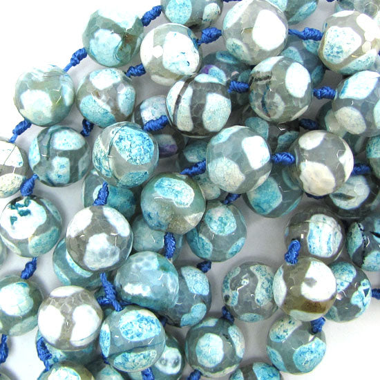 14mm faceted agate round beads 13" strand light blue white