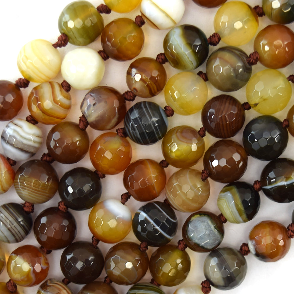 10mm faceted light brown stripe agate round beads 14"strand