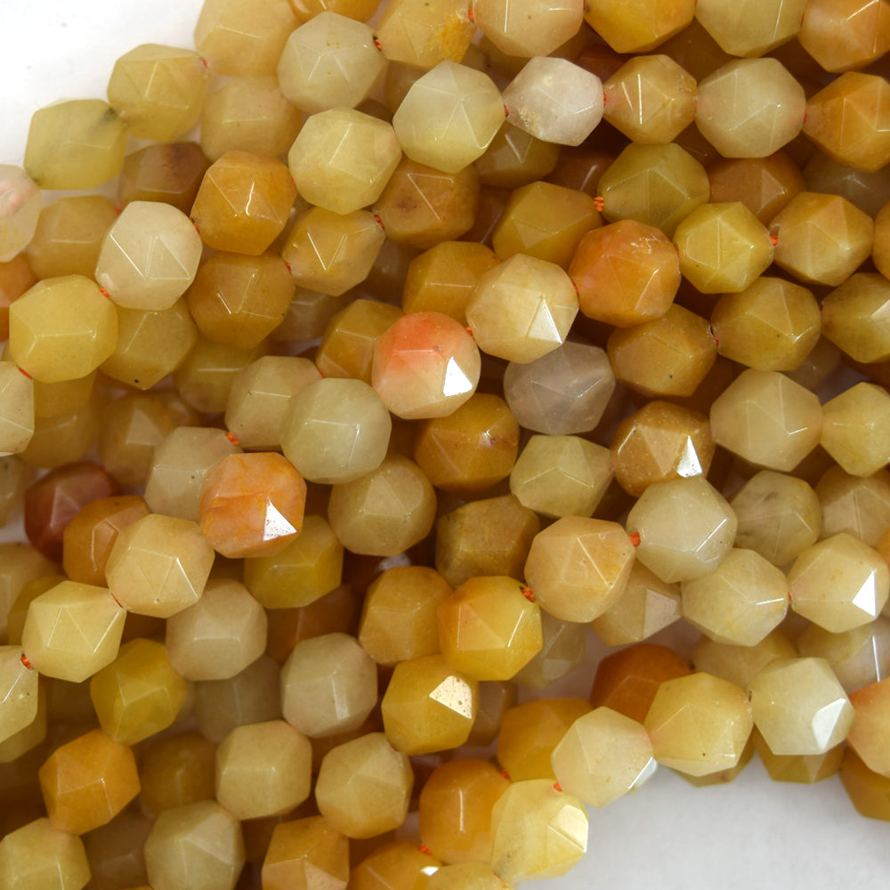 Natural Star Cut Faceted Yellow Jade Round Beads 15" Strand 6mm 8mm 10mm Diamond