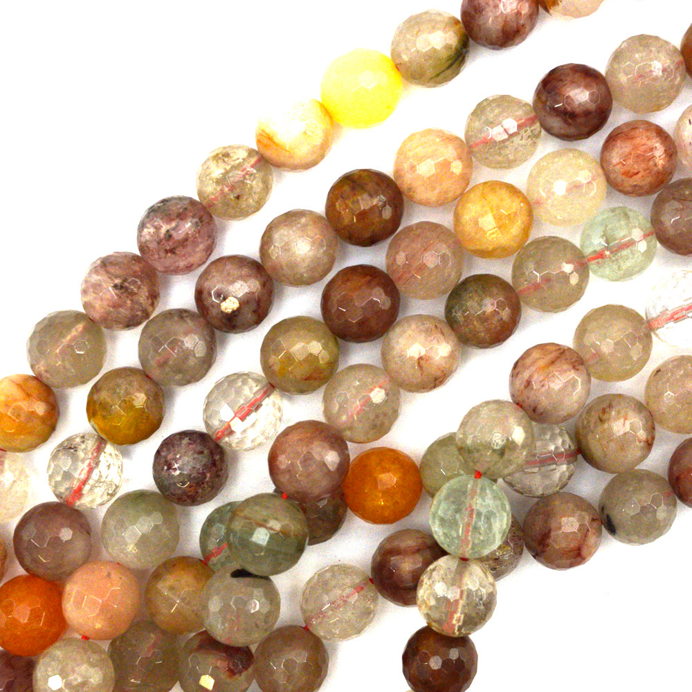 10mm faceted multicolor rutilated quartz round beads 15.5" strand