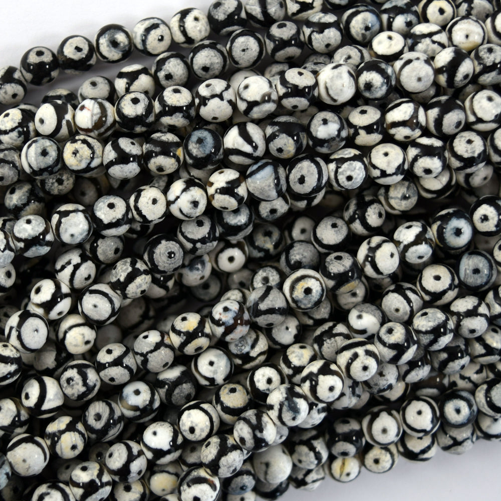 Black White Tibetan DZI Agate Round Beads 15" Strand 6mm 8mm 10mm Evil Eye