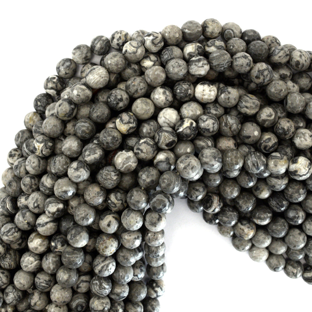 Natural Faceted Gray Map Jasper Round Beads Gemstone 15" Strand 4mm 6mm 8mm 10mm