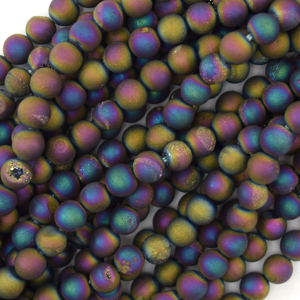 Matte Rainbow Druzy Agate Round Beads Gemstone 15" Strand 6mm 8mm 10mm